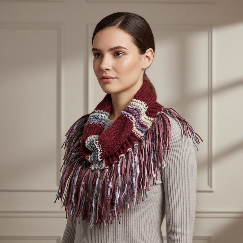 NEW Hand Knitted Burgundy Boho Cowl Scarf Fringe Artsy Indie Whimsigoth Festival
